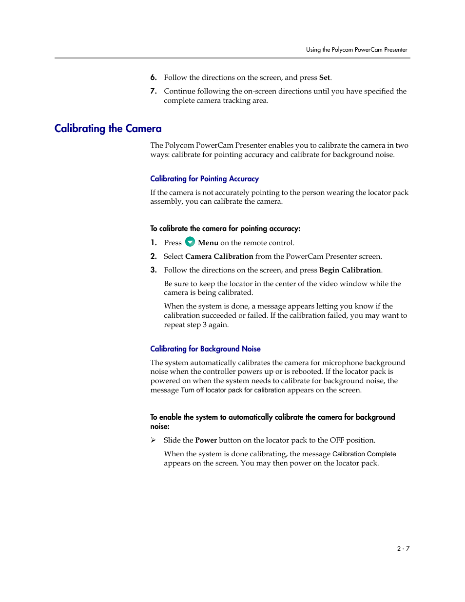 Calibrating the camera, Calibrating for pointing accuracy, Calibrating for background noise | Calibrating the camera -7 | Polycom 3725-24004-001/A User Manual | Page 19 / 52