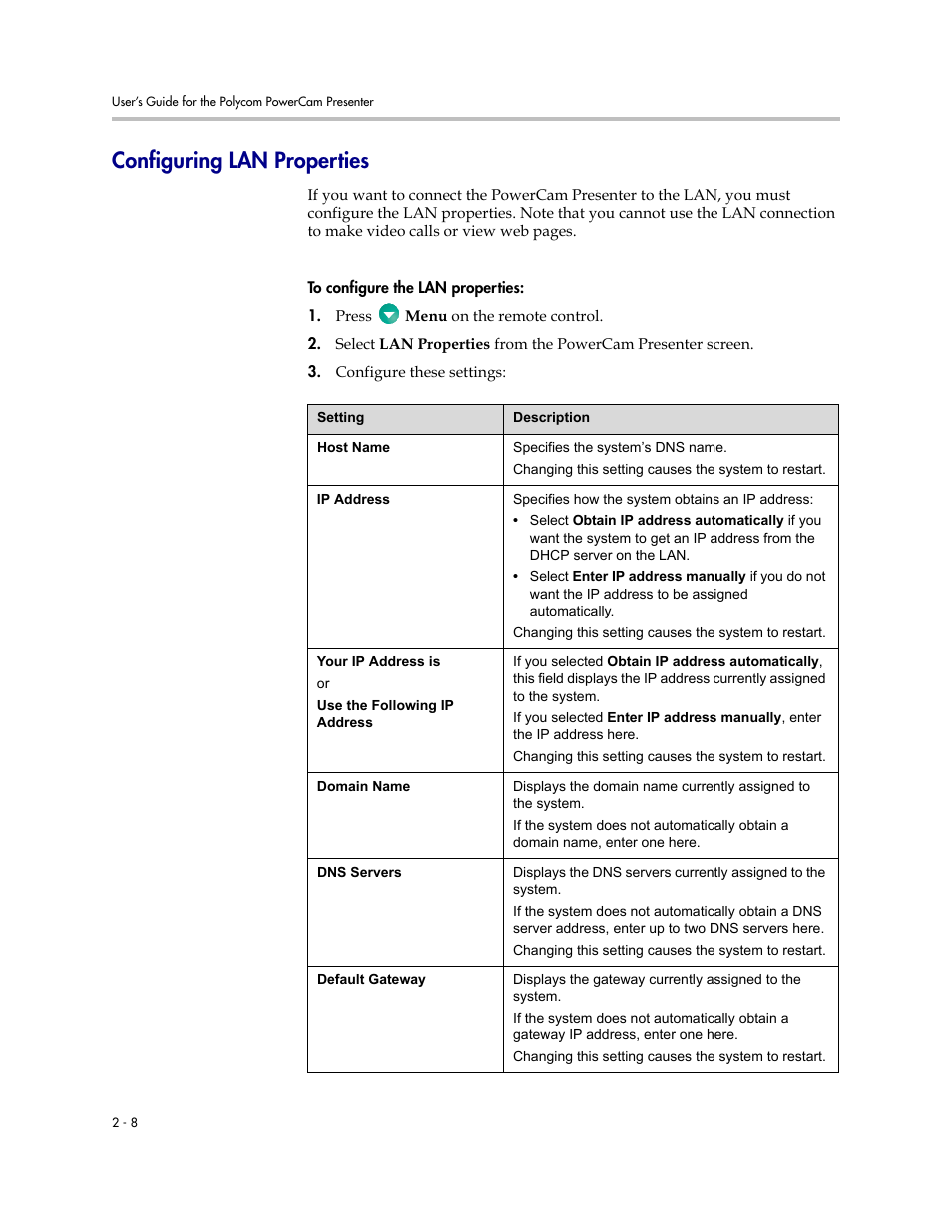 Configuring lan properties, Configuring lan properties -8 | Polycom 3725-24004-001/A User Manual | Page 20 / 52