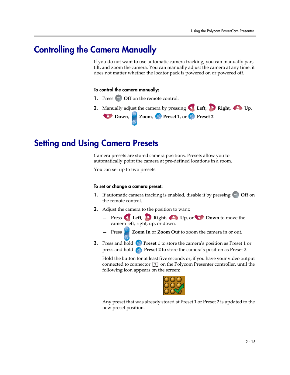 Controlling the camera manually, Setting and using camera presets | Polycom 3725-24004-001/A User Manual | Page 27 / 52