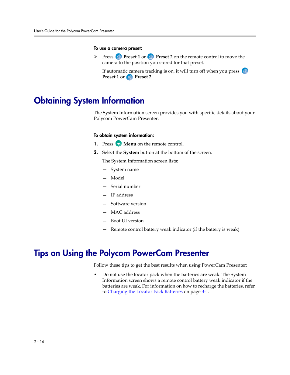 Obtaining system information, Tips on using the polycom powercam presenter | Polycom 3725-24004-001/A User Manual | Page 28 / 52