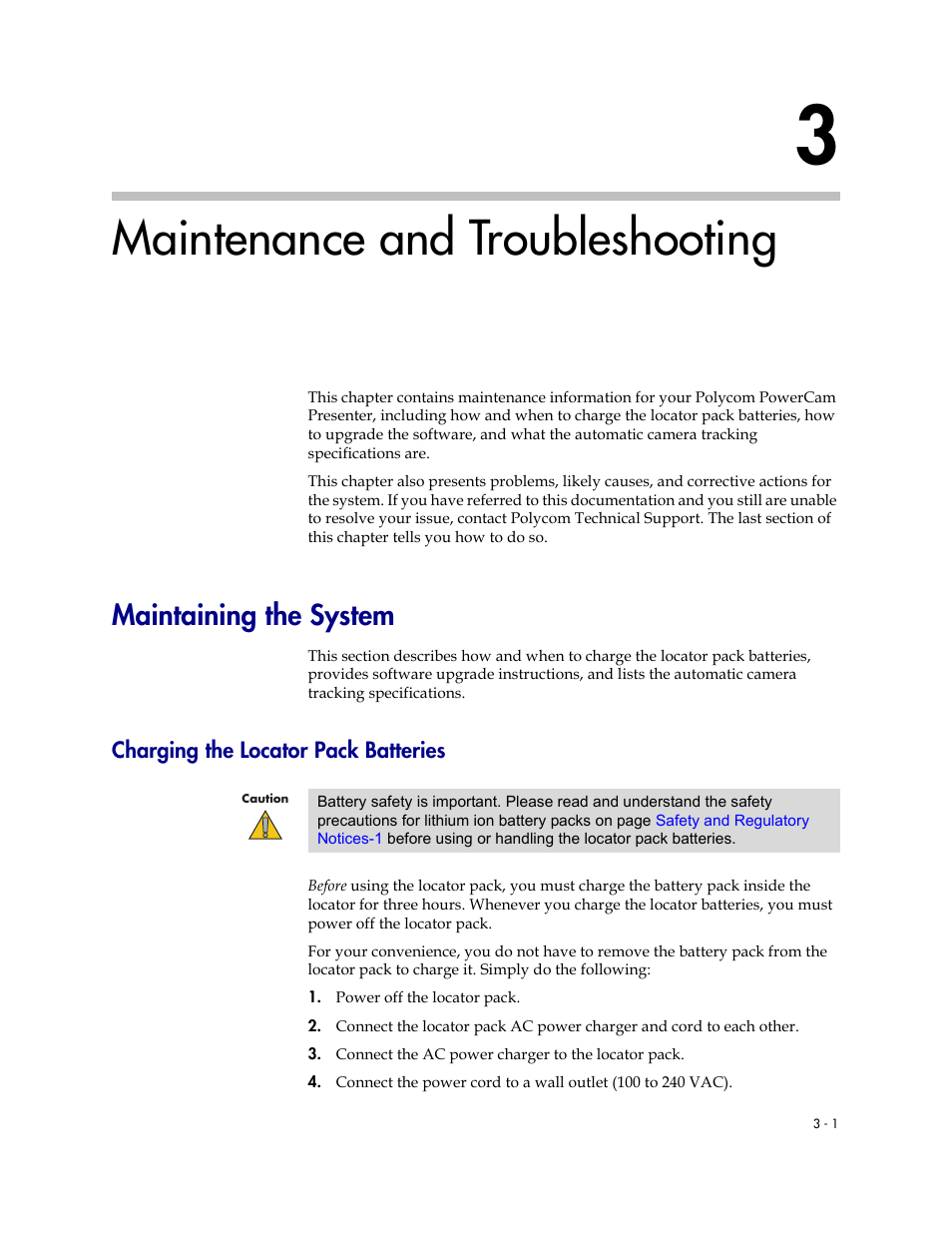 Maintenance and troubleshooting, Maintaining the system, Charging the locator pack batteries | Maintenance and troubleshooting -1, Maintaining the system -1, Charging the locator pack batteries -1, Charging the locator, Pack batteries | Polycom 3725-24004-001/A User Manual | Page 31 / 52