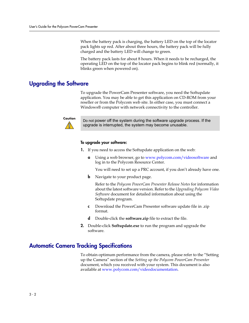 Upgrading the software, Automatic camera tracking specifications | Polycom 3725-24004-001/A User Manual | Page 32 / 52