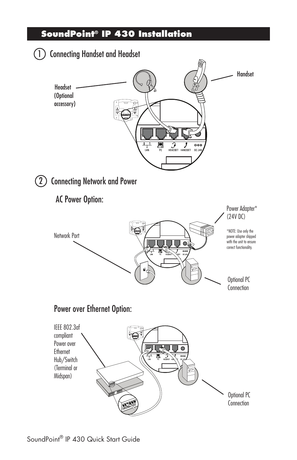 1 connecting handset and headset, Soundpoint, Ip 430 installation | Polycom SoundPoint IP 430 User Manual | Page 2 / 4