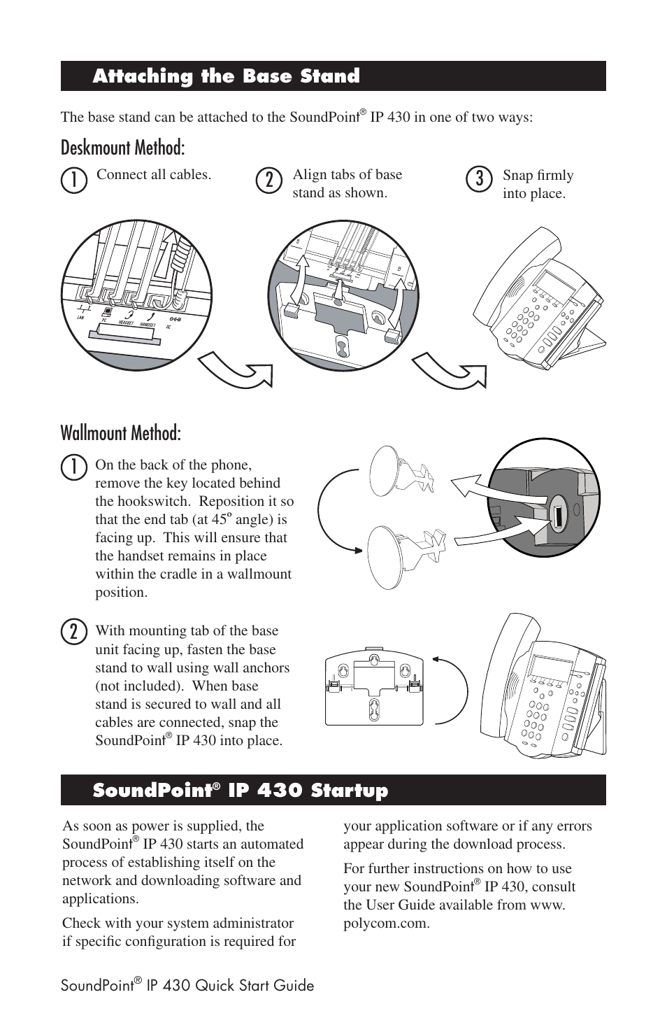 Deskmount method: 1, 2wallmount method, Soundpoint | Ip 430 startup, Attaching the base stand | Polycom SoundPoint IP 430 User Manual | Page 3 / 4