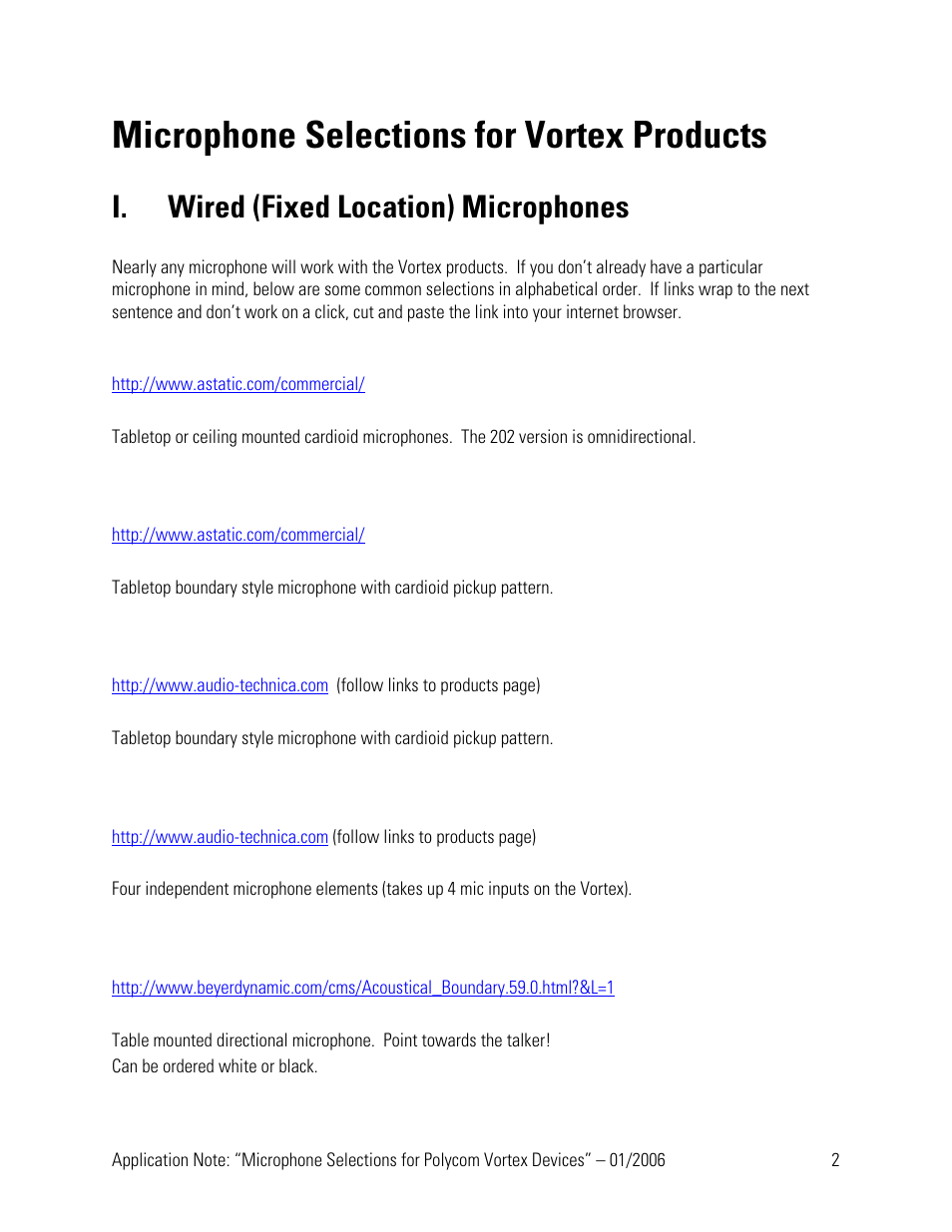 Microphone selections for vortex products, I. wired (fixed location) microphones | Polycom Vortex User Manual | Page 2 / 6