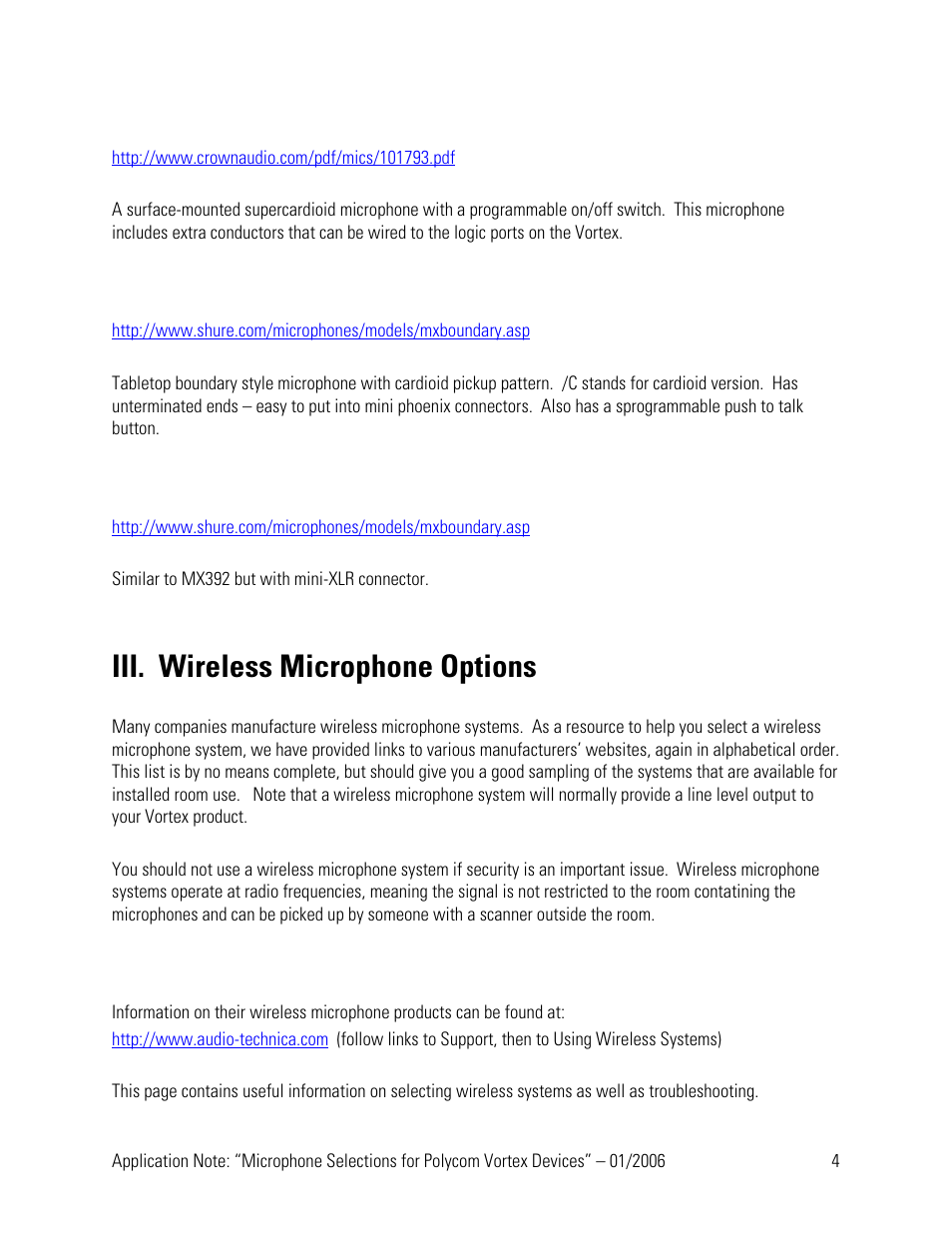 Iii. wireless microphone options, Pcc170swo, Mx392/c | Mx393/c | Polycom Vortex User Manual | Page 4 / 6
