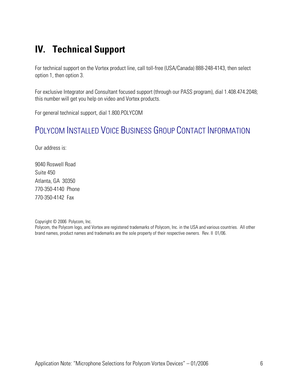 Iv. technical support | Polycom Vortex User Manual | Page 6 / 6