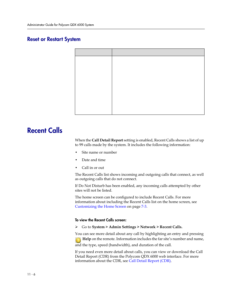 Reset or restart system, Recent calls, Reset or restart system -6 | Recent calls -6 | Polycom 6000 User Manual | Page 100 / 126