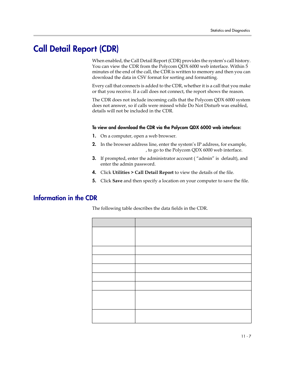 Call detail report (cdr), Information in the cdr, Call detail report (cdr) -7 | Information in the cdr -7 | Polycom 6000 User Manual | Page 101 / 126