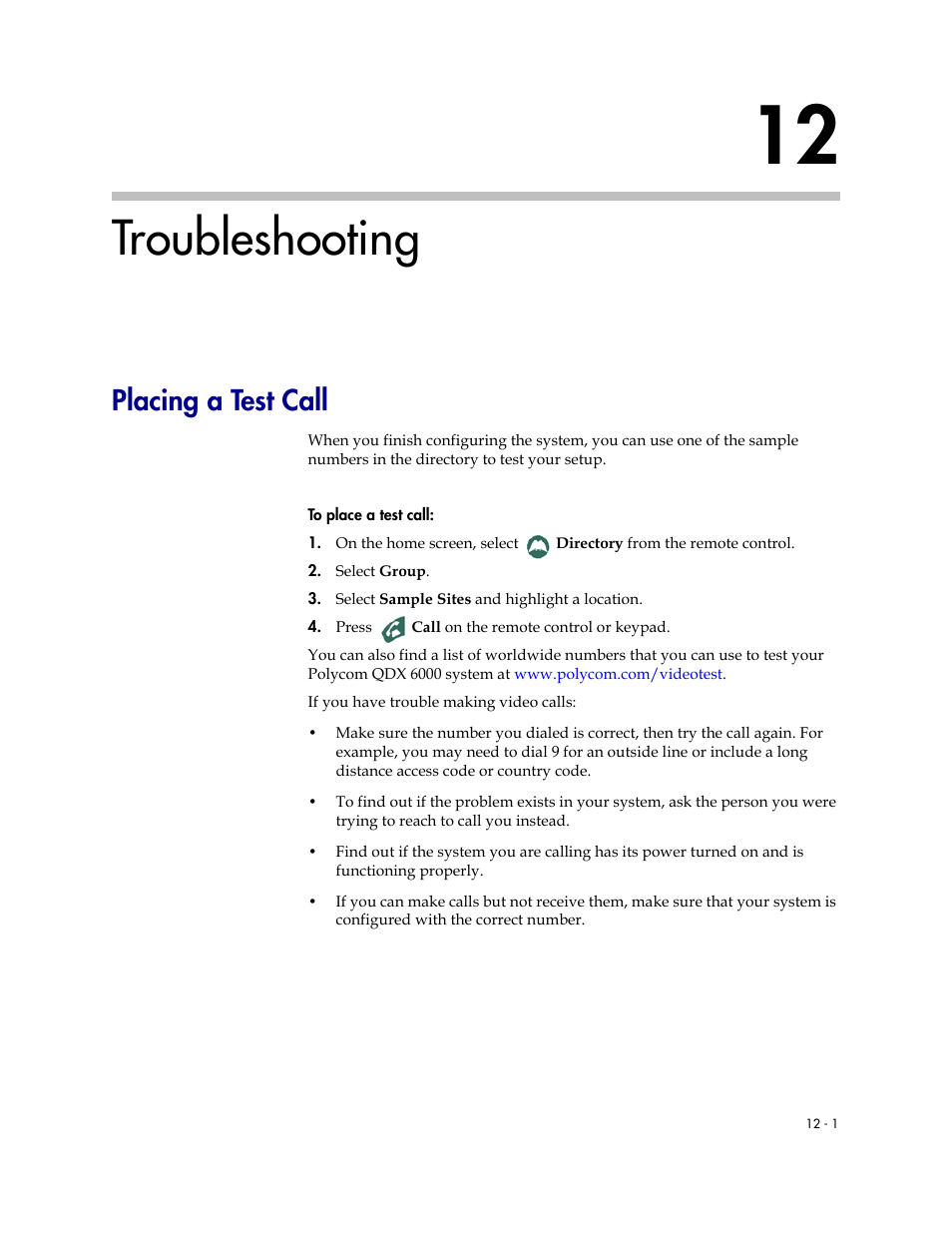 Troubleshooting, Placing a test call, 12 troubleshooting -1 | Placing a test call -1 | Polycom 6000 User Manual | Page 107 / 126