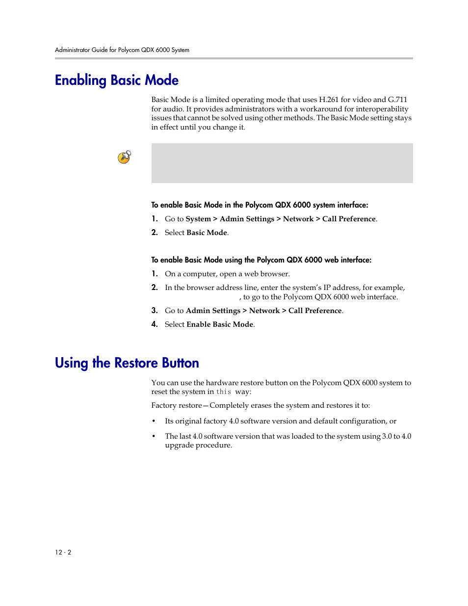 Enabling basic mode, Using the restore button, Enabling basic mode -2 using the restore button -2 | Using the restore, Button, On p | Polycom 6000 User Manual | Page 108 / 126