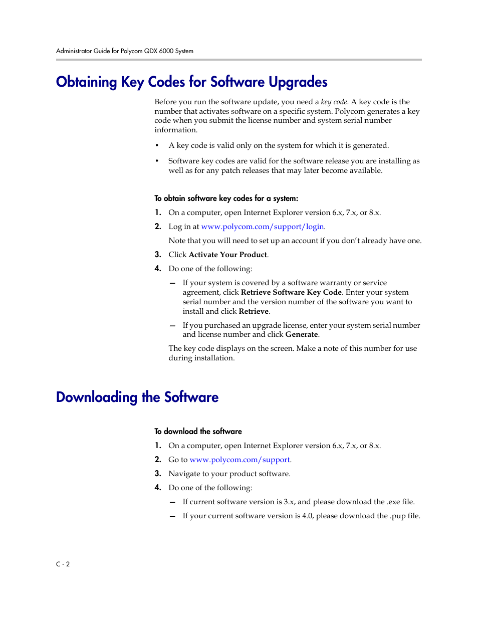 Obtaining key codes for software upgrades, Downloading the software | Polycom 6000 User Manual | Page 124 / 126