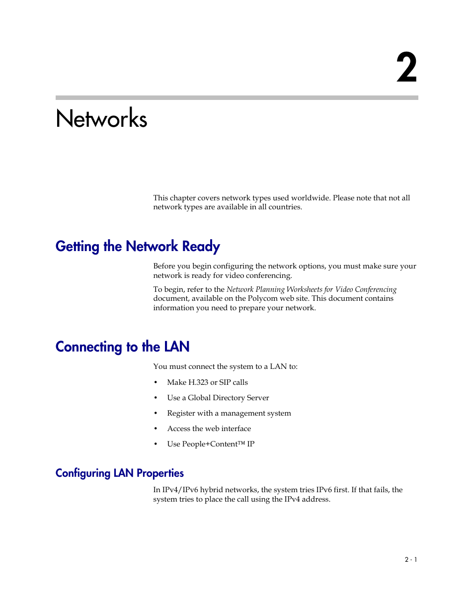 Networks, Getting the network ready, Connecting to the lan | Configuring lan properties, 2 networks -1, Configuring lan properties -1 | Polycom 6000 User Manual | Page 13 / 126