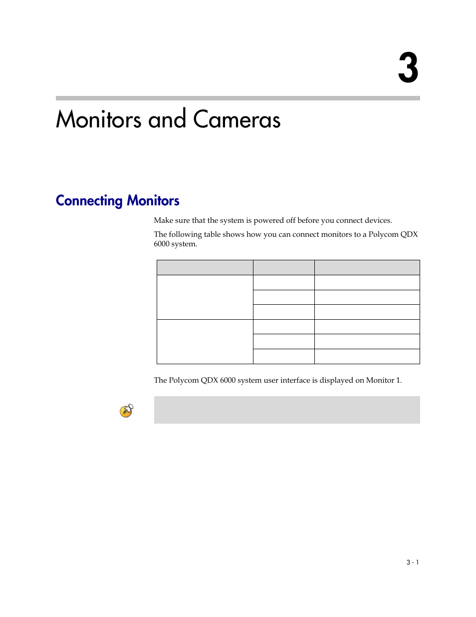 Monitors and cameras, Connecting monitors, 3 monitors and cameras -1 | Connecting monitors -1 | Polycom 6000 User Manual | Page 29 / 126