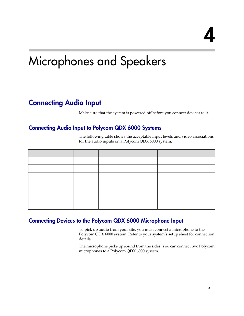 Microphones and speakers, Connecting audio input, Connecting audio input to polycom qdx 6000 systems | 4 microphones and speakers -1, Connecting audio input -1 | Polycom 6000 User Manual | Page 43 / 126