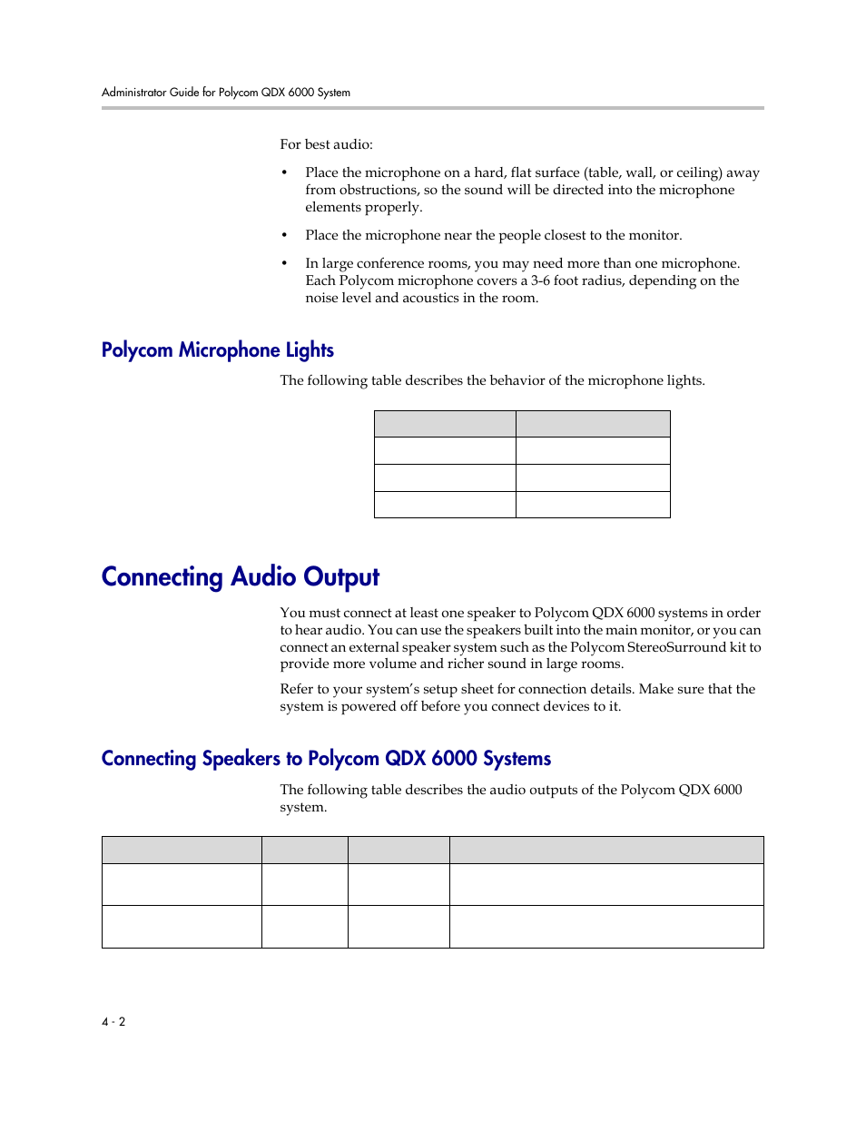 Polycom microphone lights, Connecting audio output, Connecting speakers to polycom qdx 6000 systems | Polycom microphone lights -2, Connecting audio output -2, Connecting speakers to polycom qdx 6000 systems -2 | Polycom 6000 User Manual | Page 44 / 126