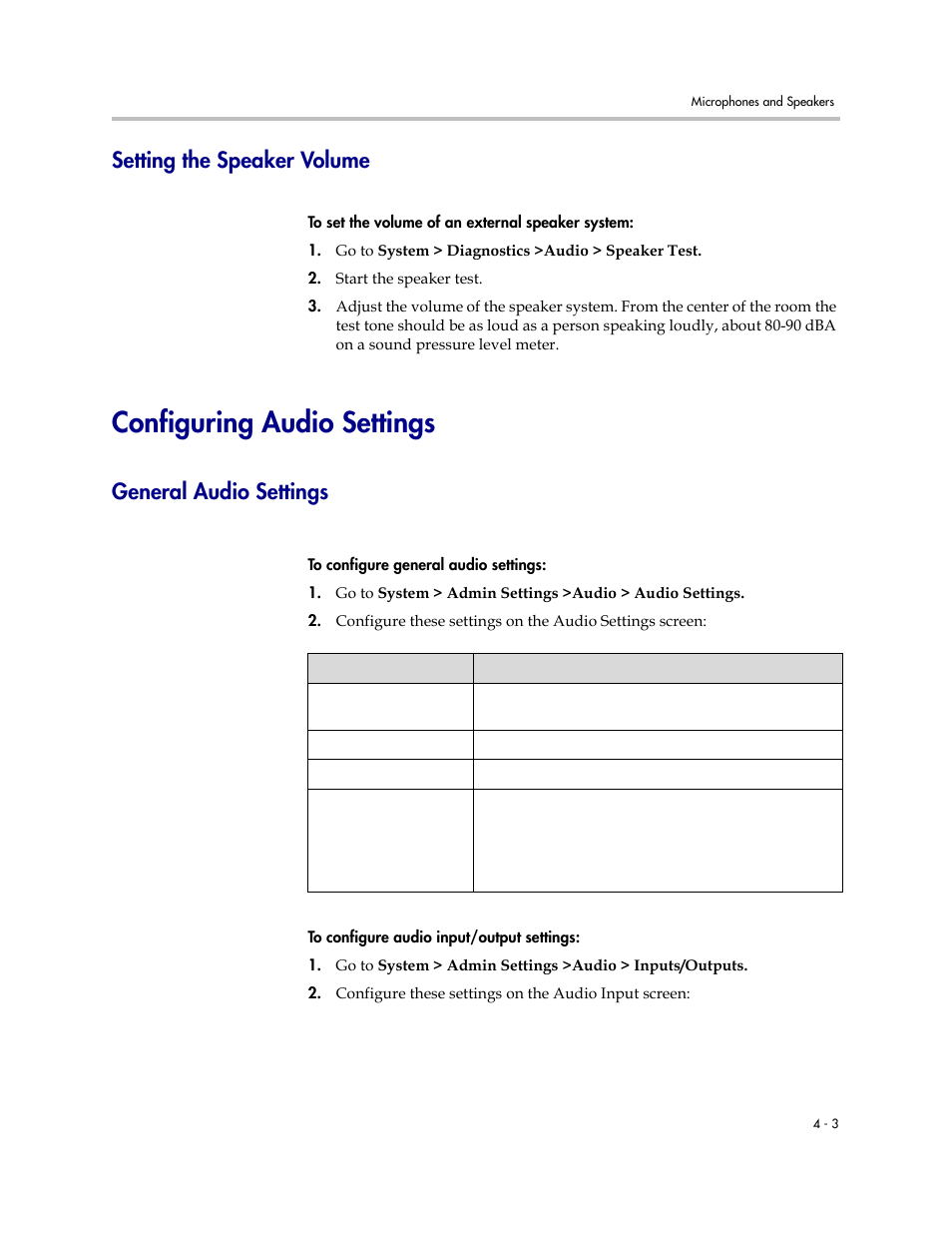 Setting the speaker volume, Configuring audio settings, General audio settings | Setting the speaker volume -3, Configuring audio settings -3, General audio settings -3 | Polycom 6000 User Manual | Page 45 / 126