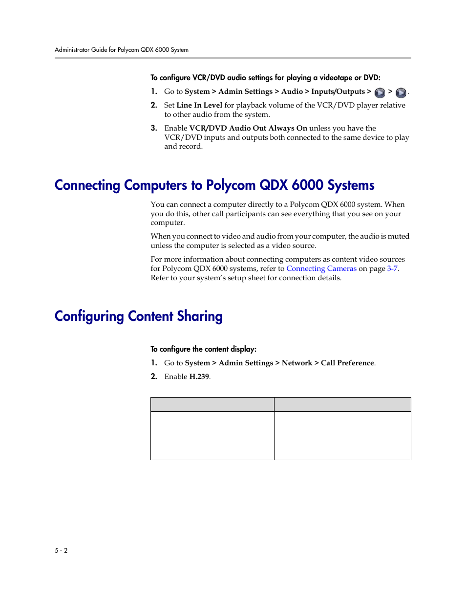 Connecting computers to polycom qdx 6000 systems, Configuring content sharing | Polycom 6000 User Manual | Page 52 / 126