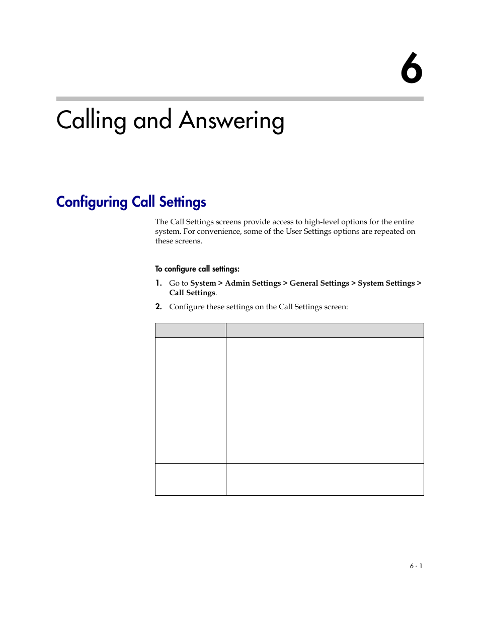 Calling and answering, Configuring call settings, 6 calling and answering -1 | Configuring call settings -1 | Polycom 6000 User Manual | Page 57 / 126