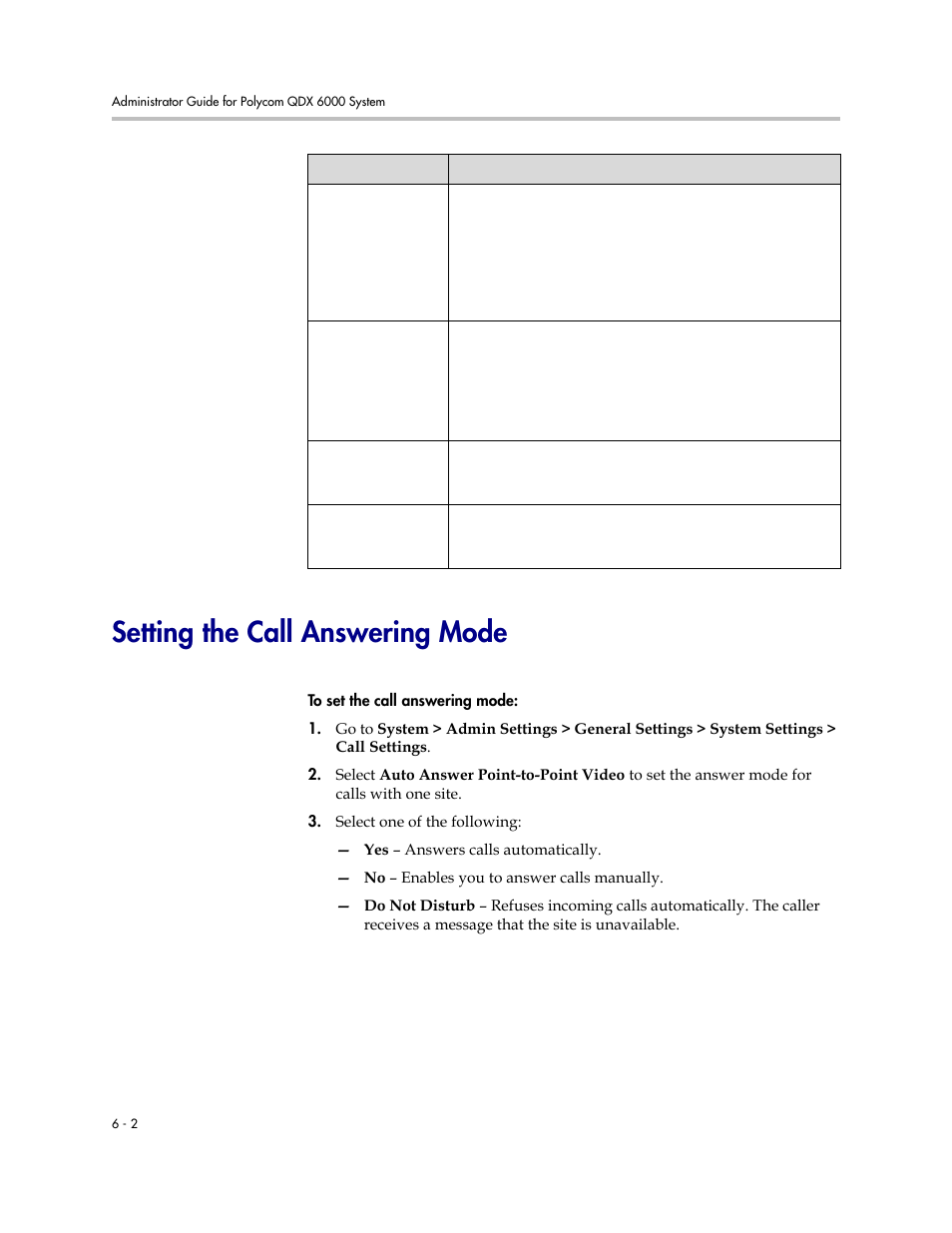 Setting the call answering mode, Setting the call answering mode -2 | Polycom 6000 User Manual | Page 58 / 126