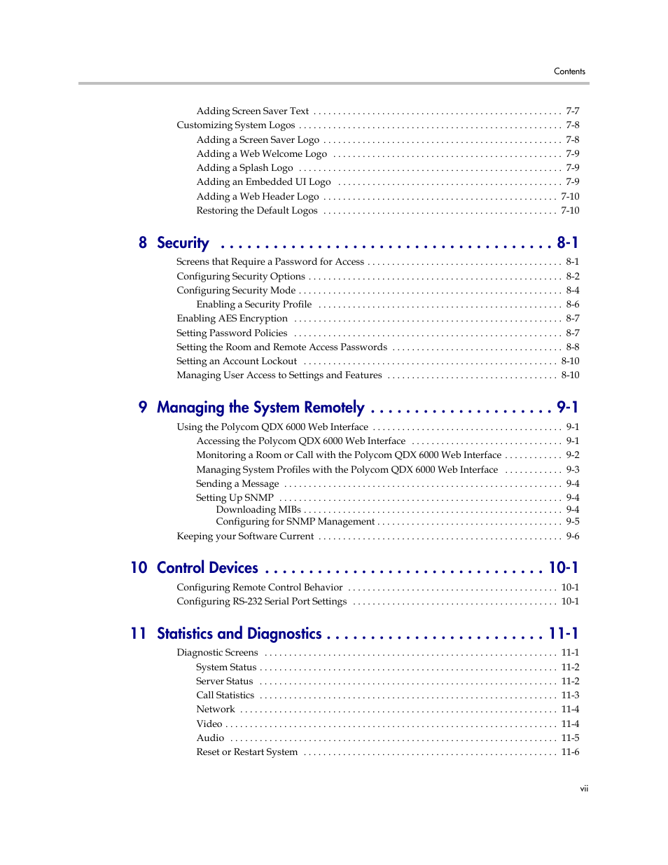 8 security -1, 9 managing the system remotely -1, 10 control devices -1 | 11 statistics and diagnostics -1 | Polycom 6000 User Manual | Page 7 / 126