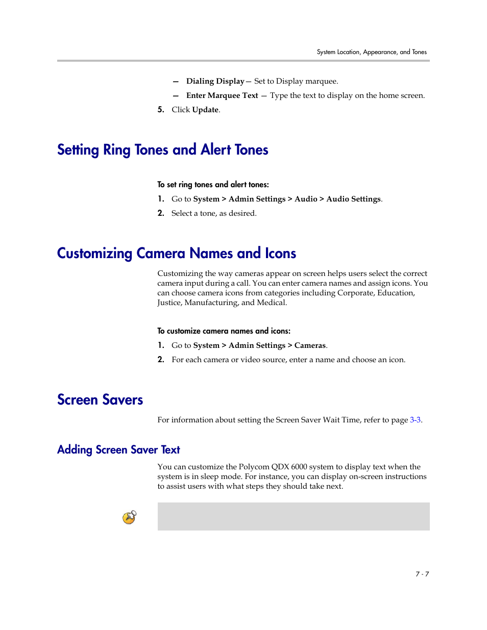 Setting ring tones and alert tones, Customizing camera names and icons, Screen savers | Adding screen saver text, Adding screen saver text -7 | Polycom 6000 User Manual | Page 71 / 126