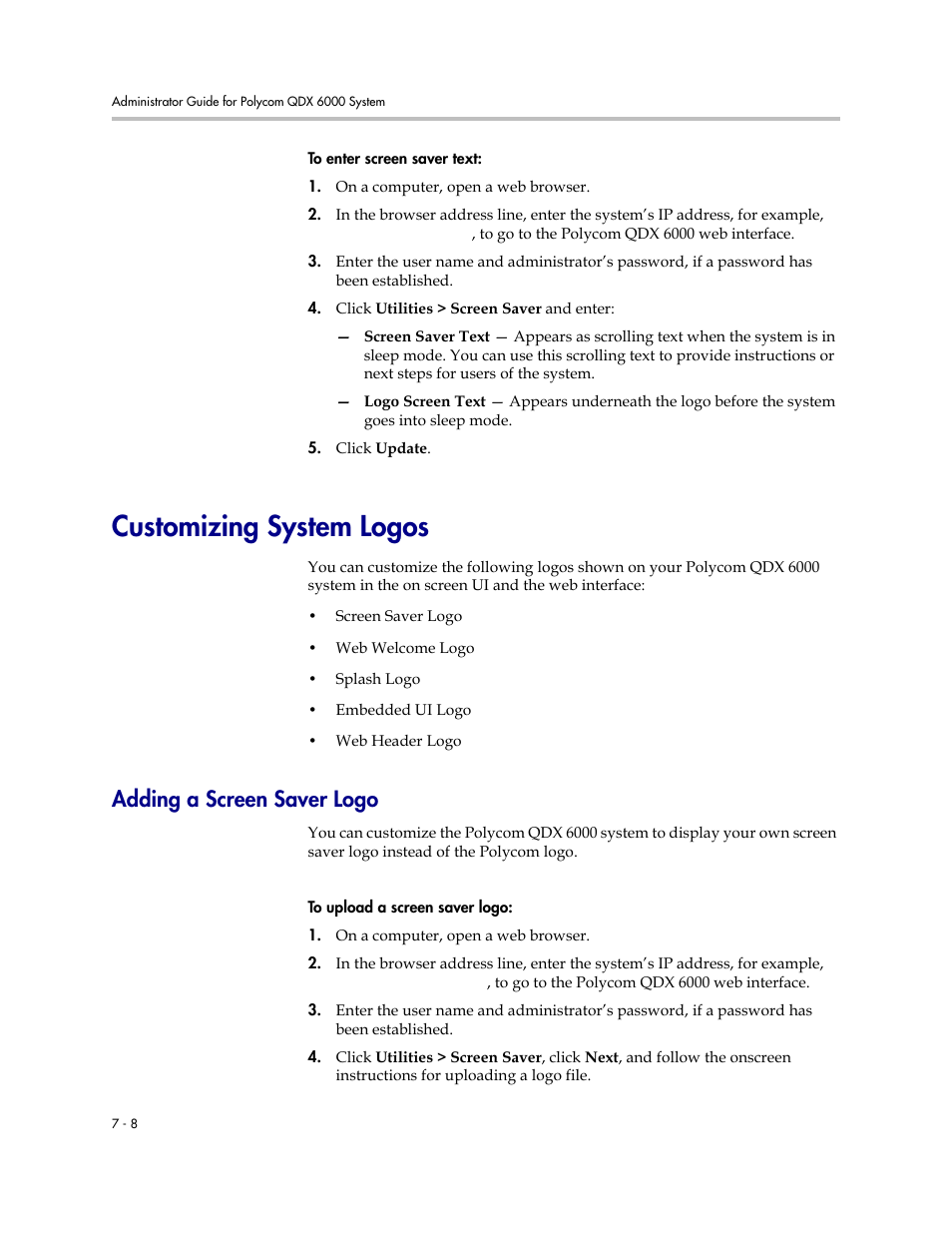 Customizing system logos, Adding a screen saver logo, Customizing system logos -8 | Adding a screen saver logo -8 | Polycom 6000 User Manual | Page 72 / 126