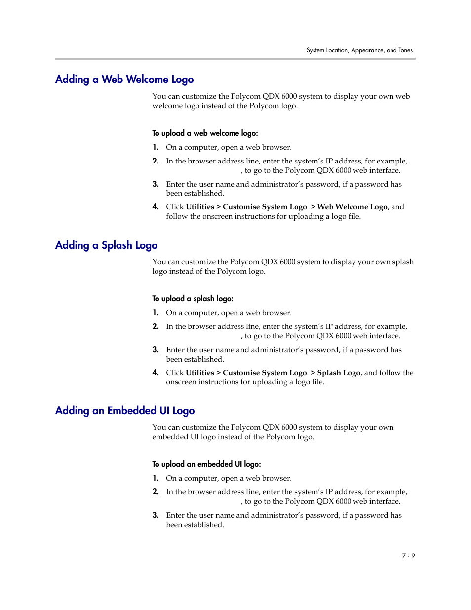 Adding a web welcome logo, Adding a splash logo, Adding an embedded ui logo | Polycom 6000 User Manual | Page 73 / 126