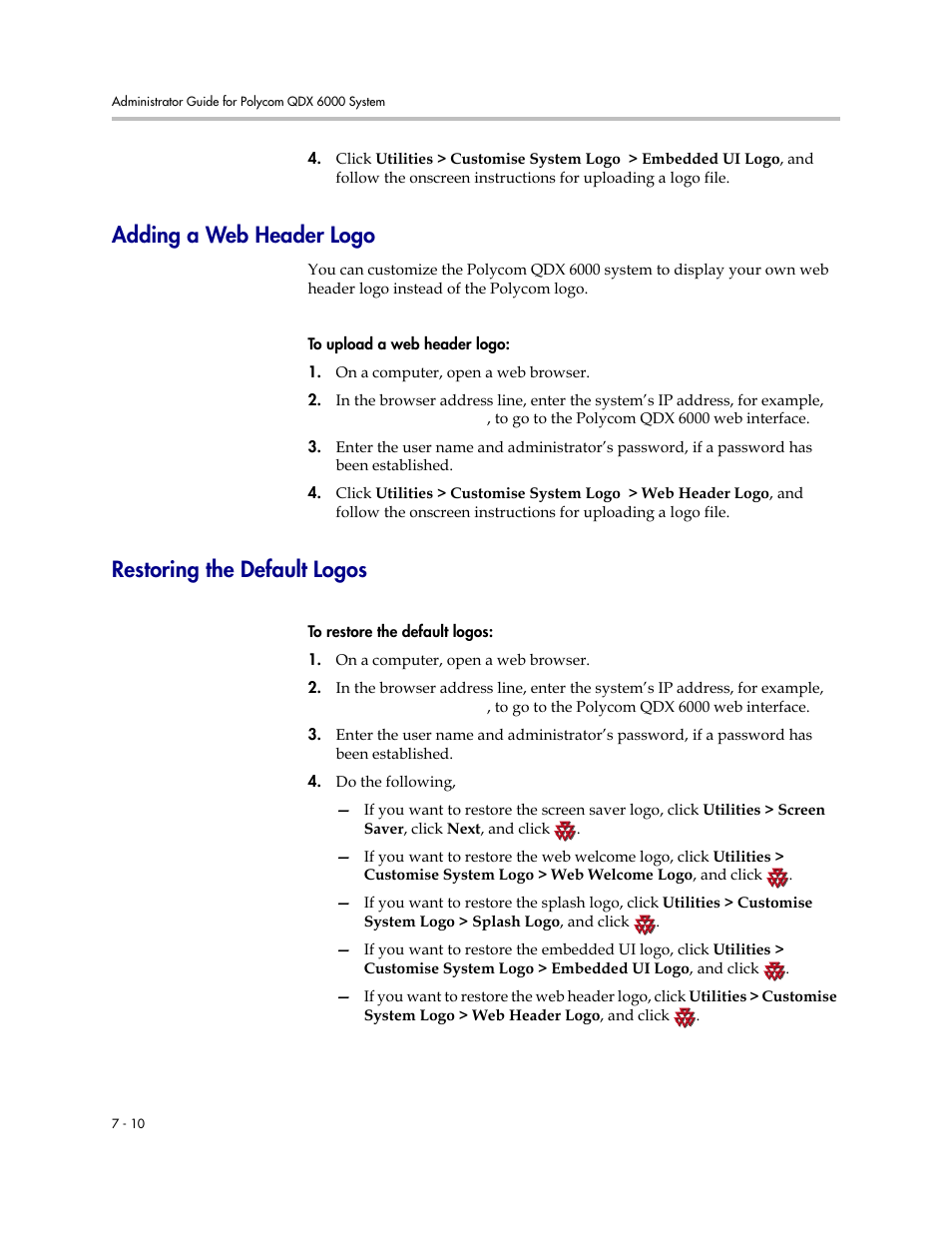 Adding a web header logo, Restoring the default logos | Polycom 6000 User Manual | Page 74 / 126