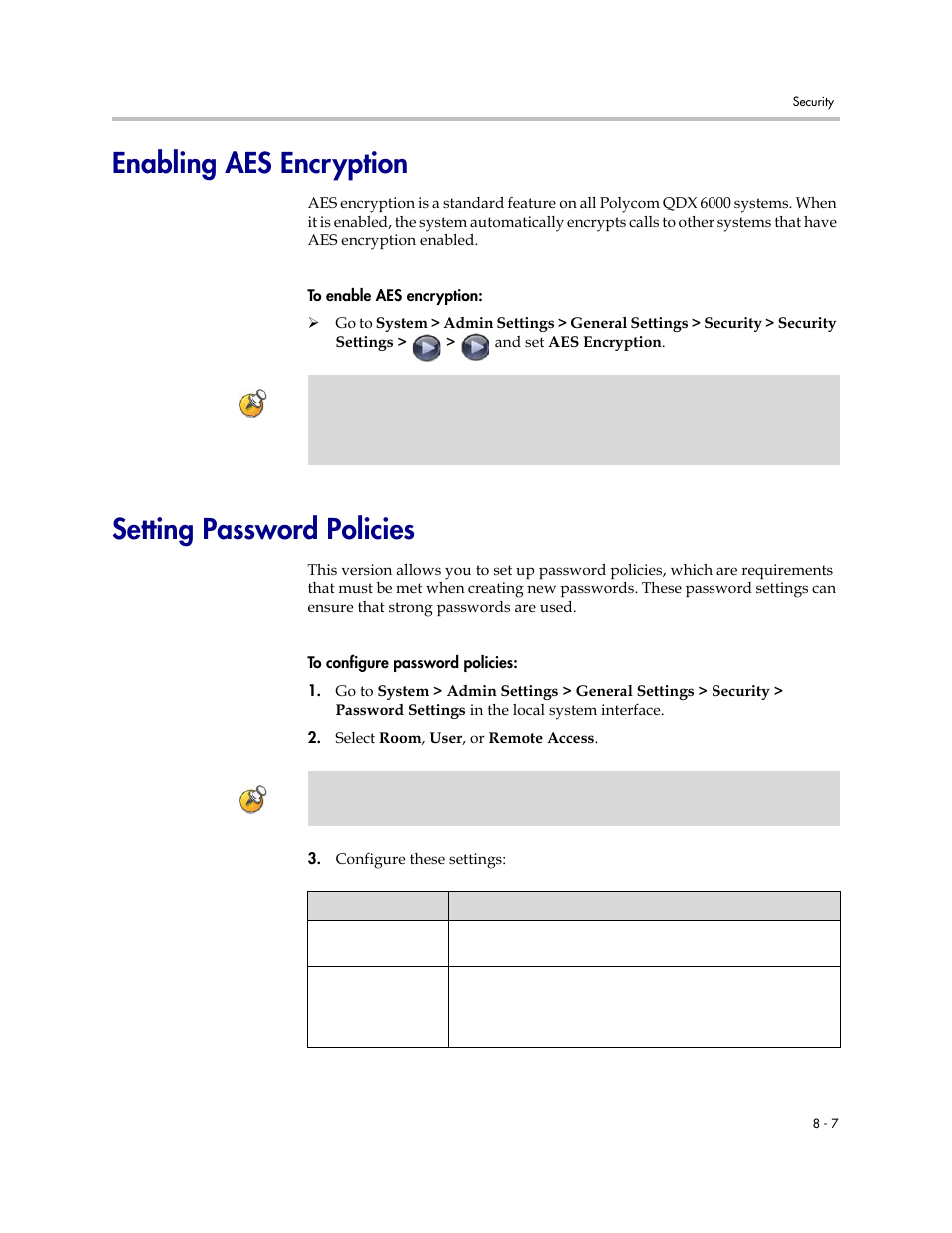 Enabling aes encryption, Setting password policies | Polycom 6000 User Manual | Page 81 / 126