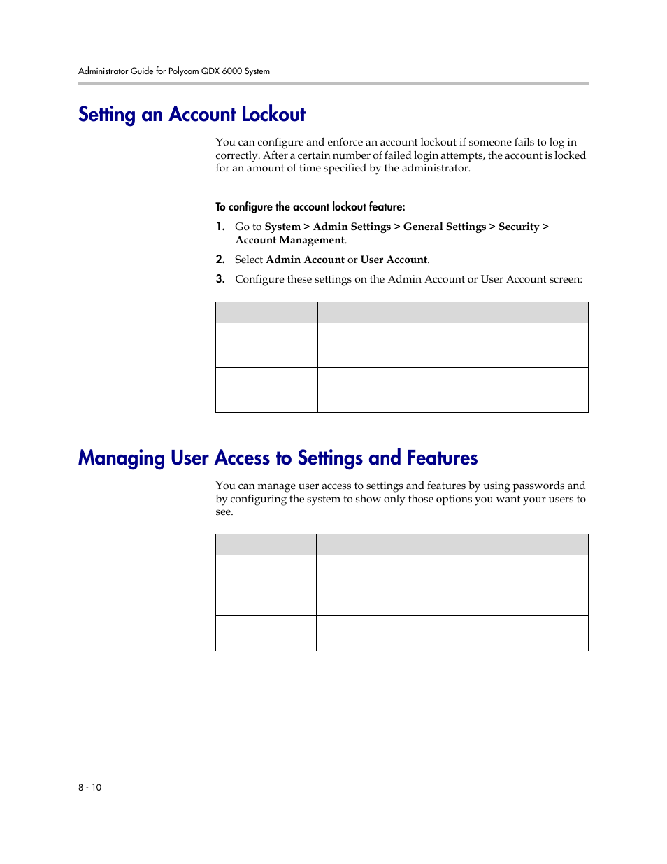 Setting an account lockout, Managing user access to settings and features | Polycom 6000 User Manual | Page 84 / 126