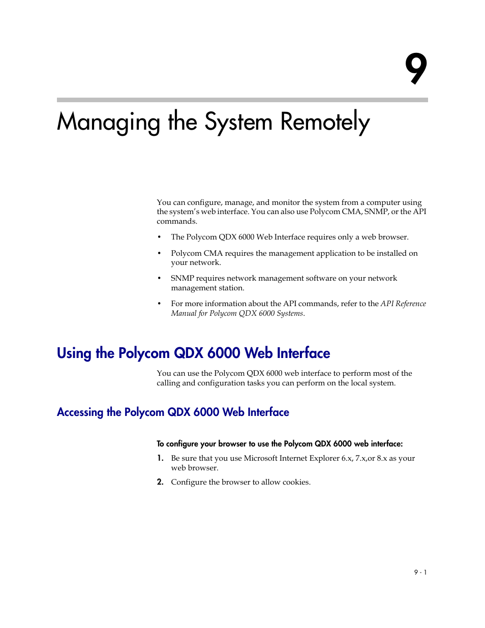 Managing the system remotely, Using the polycom qdx 6000 web interface, Accessing the polycom qdx 6000 web interface | 9 managing the system remotely -1, Using the polycom qdx 6000 web interface -1, Accessing the polycom qdx 6000 web interface -1 | Polycom 6000 User Manual | Page 87 / 126