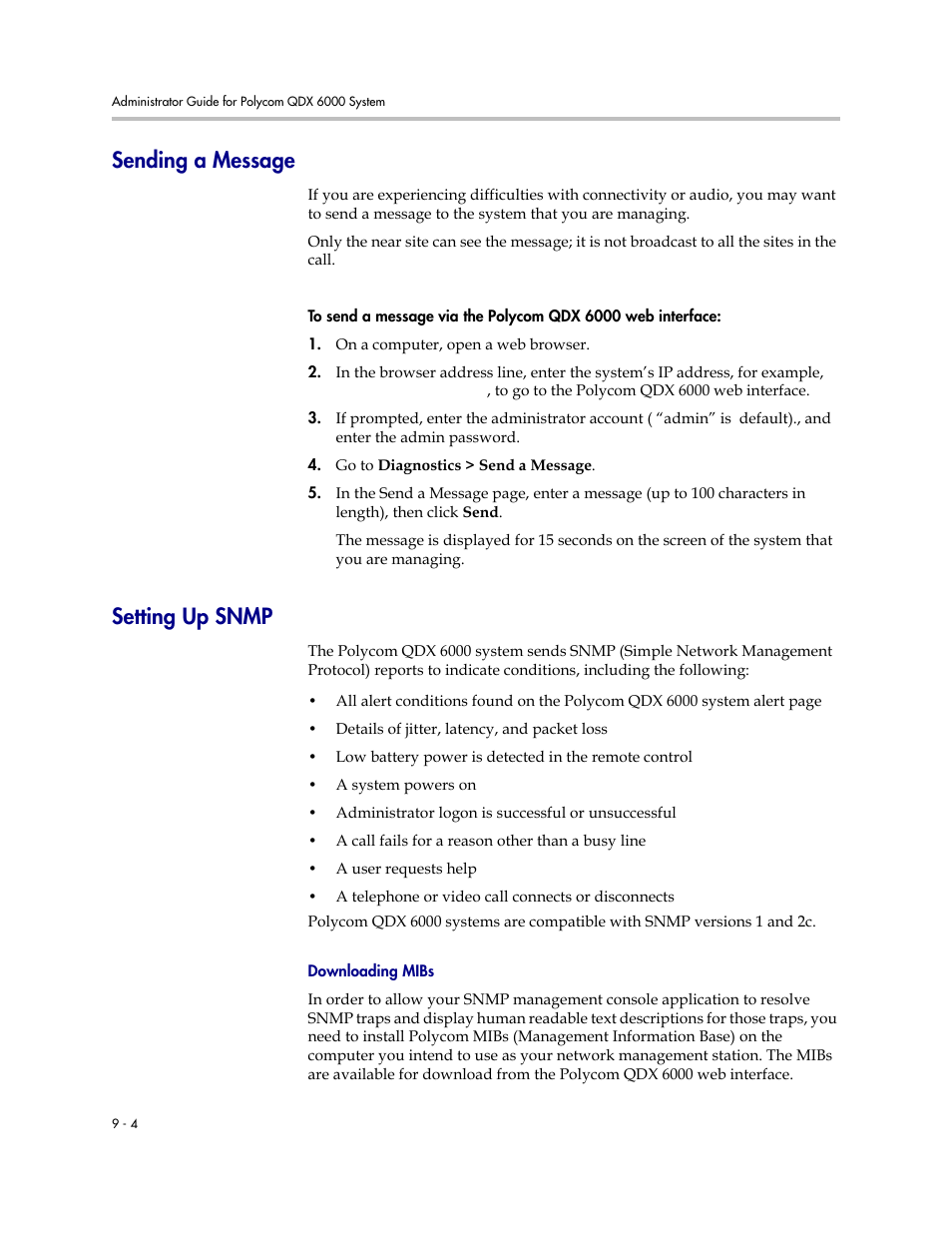 Sending a message, Setting up snmp, Downloading mibs | Sending a message -4 setting up snmp -4, Downloading mibs -4 | Polycom 6000 User Manual | Page 90 / 126