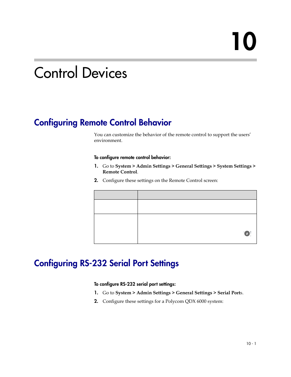 Control devices, Configuring remote control behavior, Configuring rs-232 serial port settings | 10 control devices -1 | Polycom 6000 User Manual | Page 93 / 126