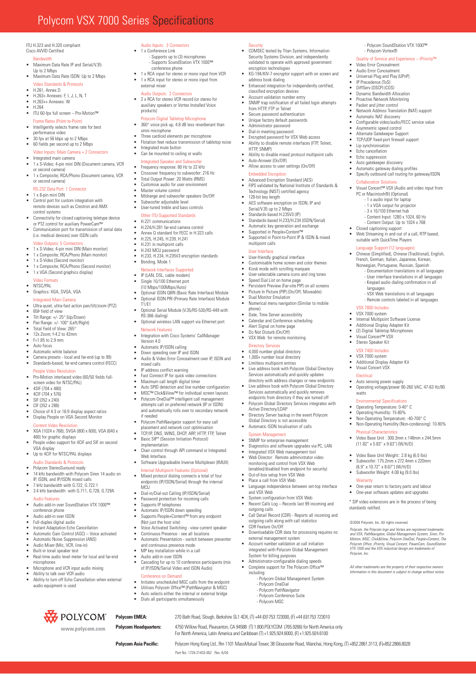 Polycom vsx 7000 series specifications | Polycom VSXTM 7000 User Manual | Page 2 / 2