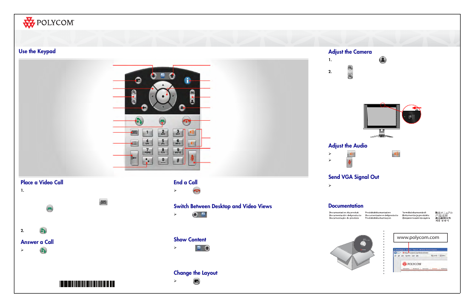 Adjust the camera, Adjust the audio, Send vga signal out | Documentation place a video call, Answer a call, End a call, Switch between desktop and video views, Show content, Change the layout, Use the keypad | Polycom 4000 User Manual | Page 2 / 2