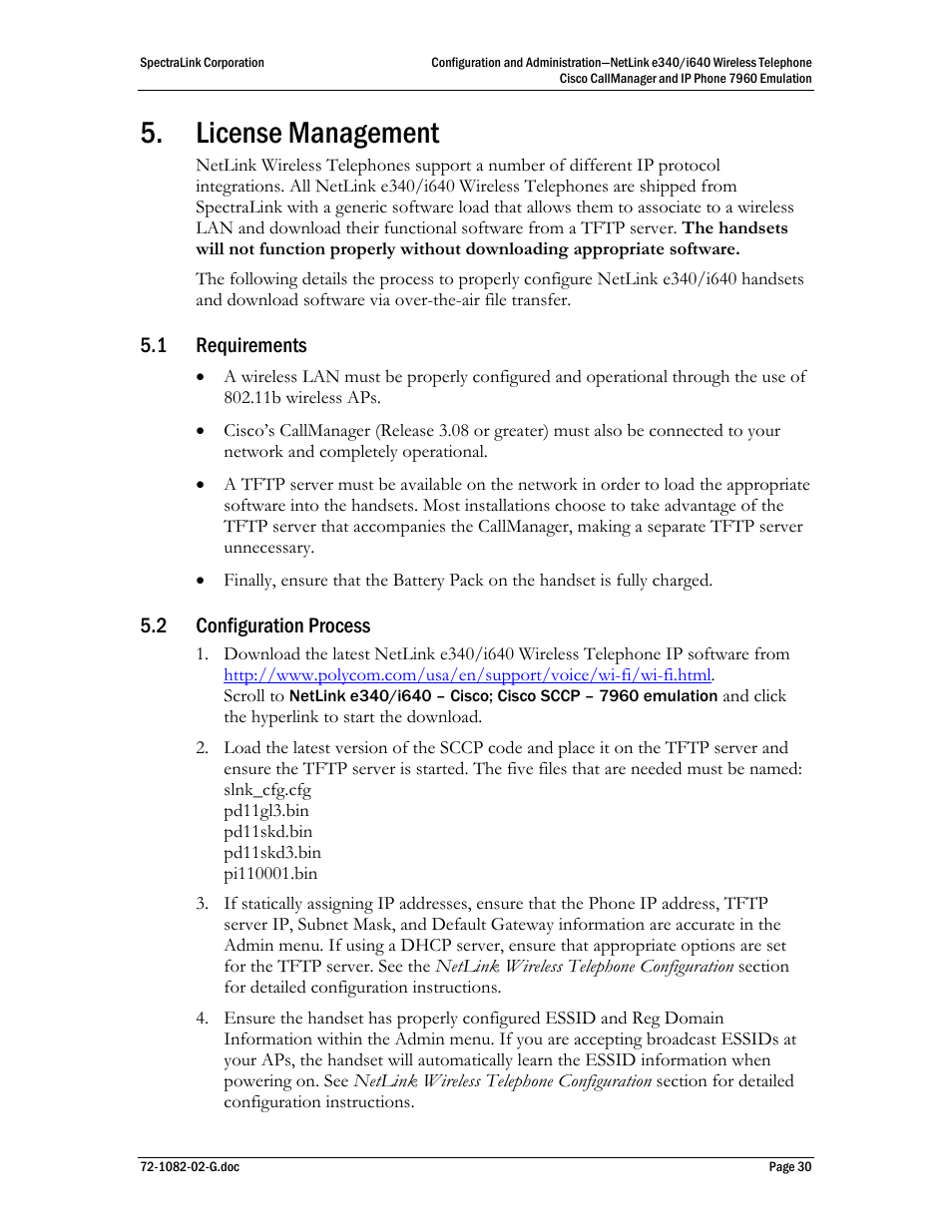 License management, 1 requirements, 2 configuration process | Polycom SpectraLink NetLink E340 User Manual | Page 30 / 58