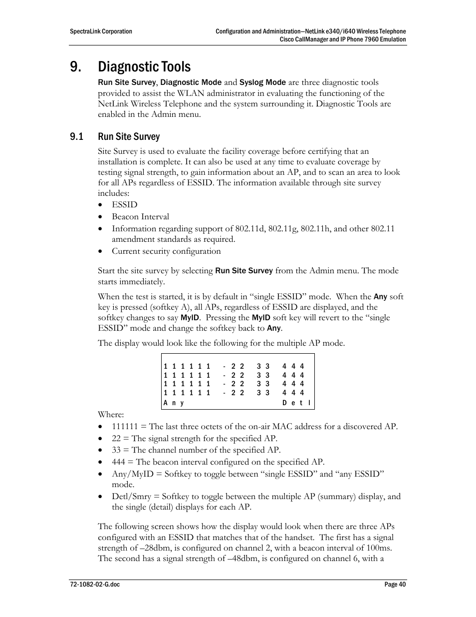 Diagnostic tools, 1 run site survey | Polycom SpectraLink NetLink E340 User Manual | Page 40 / 58