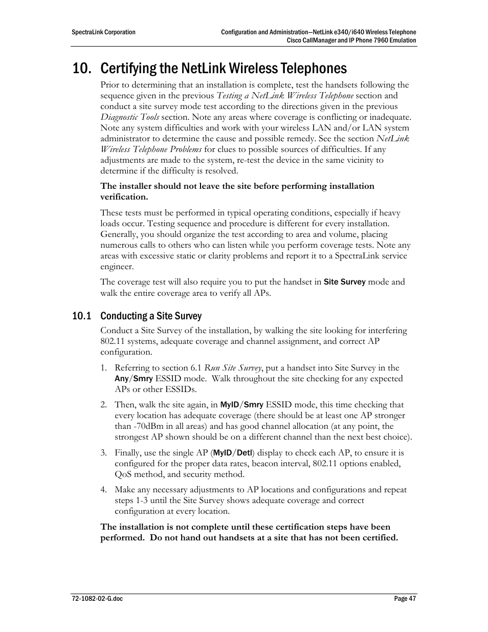 Certifying the netlink wireless telephones, 1 conducting a site survey | Polycom SpectraLink NetLink E340 User Manual | Page 47 / 58