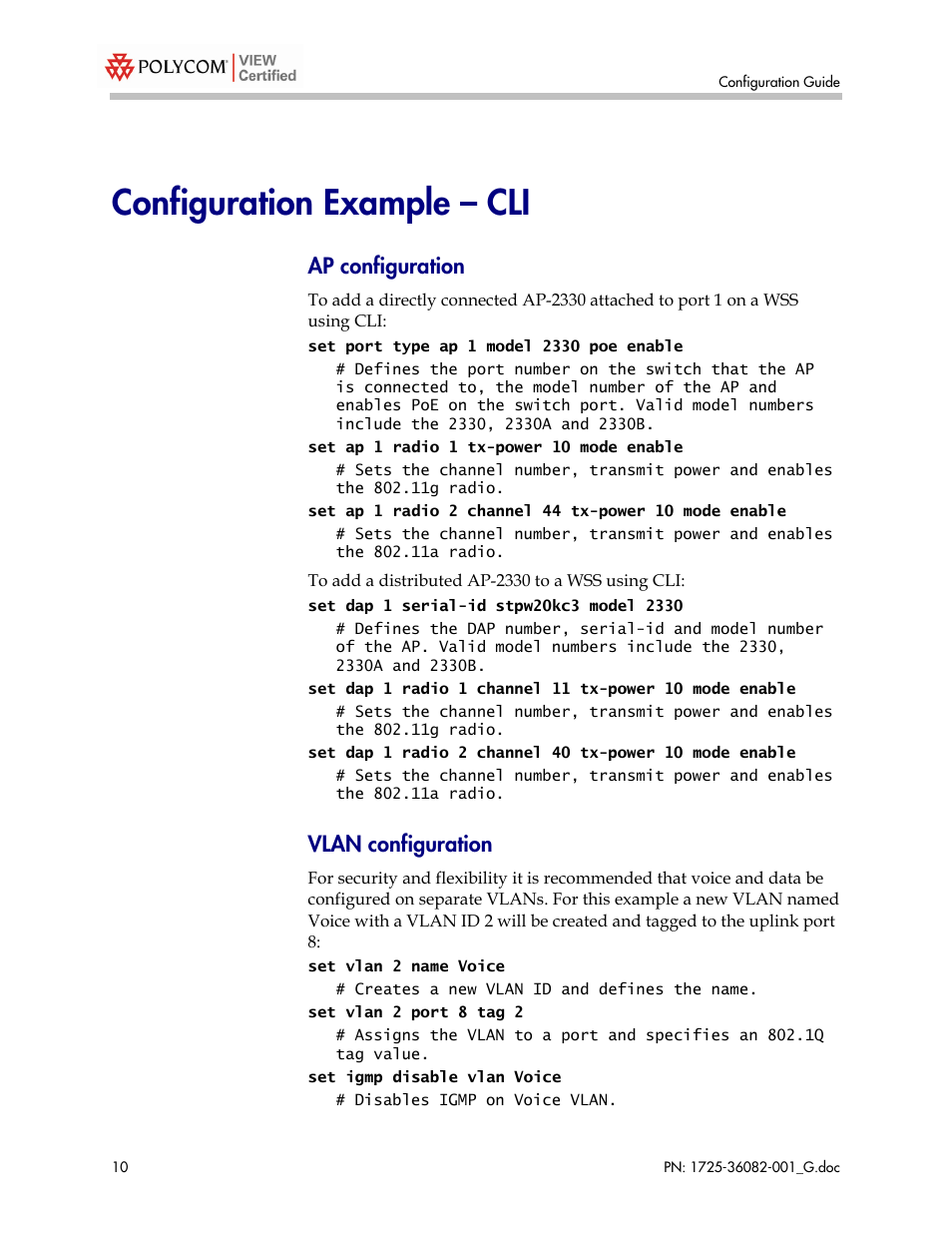 Configuration example – cli, Ap configuration, Vlan configuration | Polycom 1725-36082-001 User Manual | Page 10 / 37