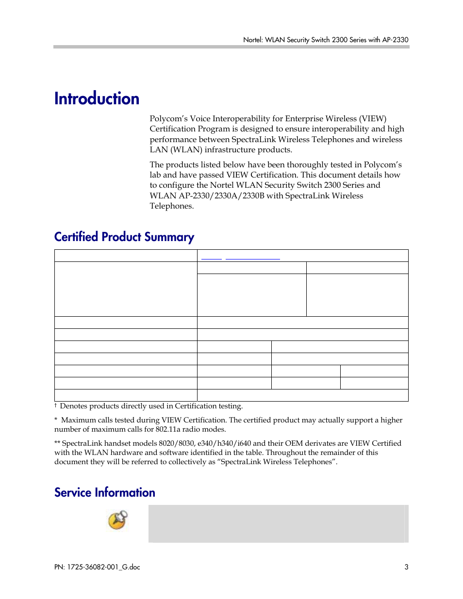 Introduction, Certified product summary, Service information | Polycom 1725-36082-001 User Manual | Page 3 / 37