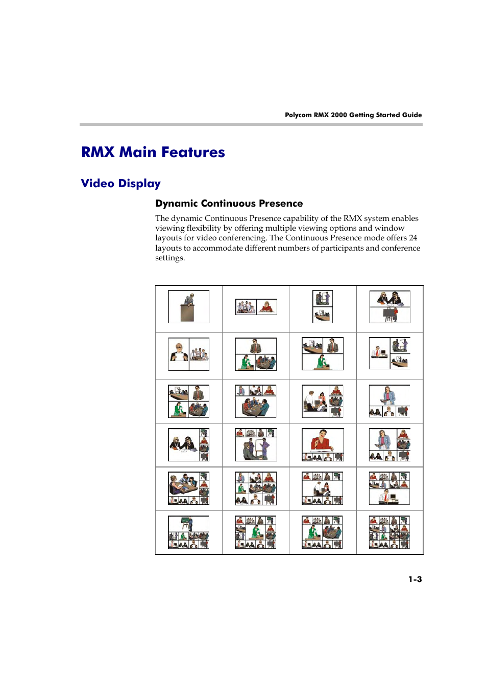 Rmx main features, Video display, Dynamic continuous presence | Rmx main features -3, Video display -3, Dynamic continuous presence -3 | Polycom RMX 2000 User Manual | Page 11 / 84