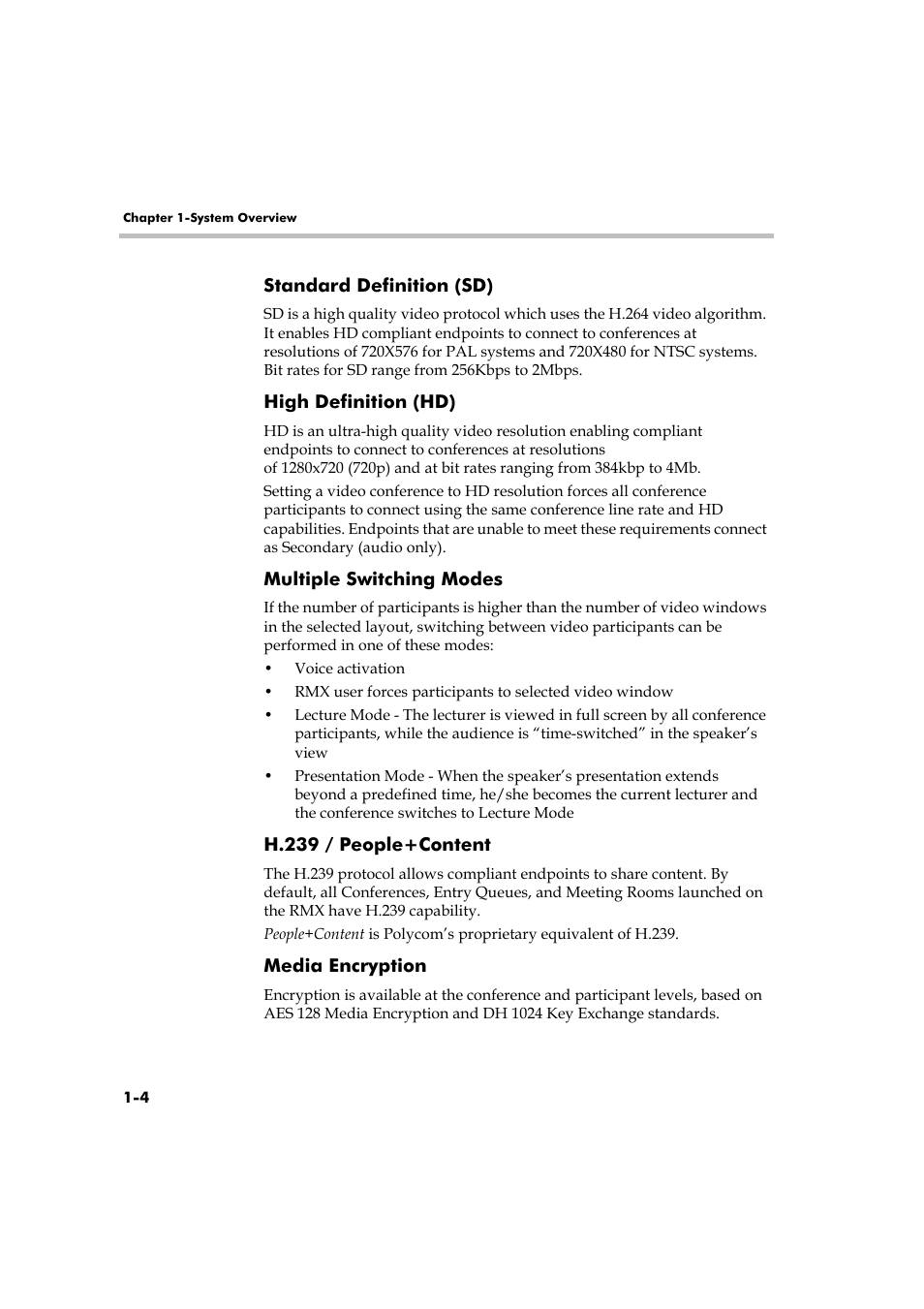 Standard definition (sd), High definition (hd), Multiple switching modes | H.239 / people+content, Media encryption | Polycom RMX 2000 User Manual | Page 12 / 84