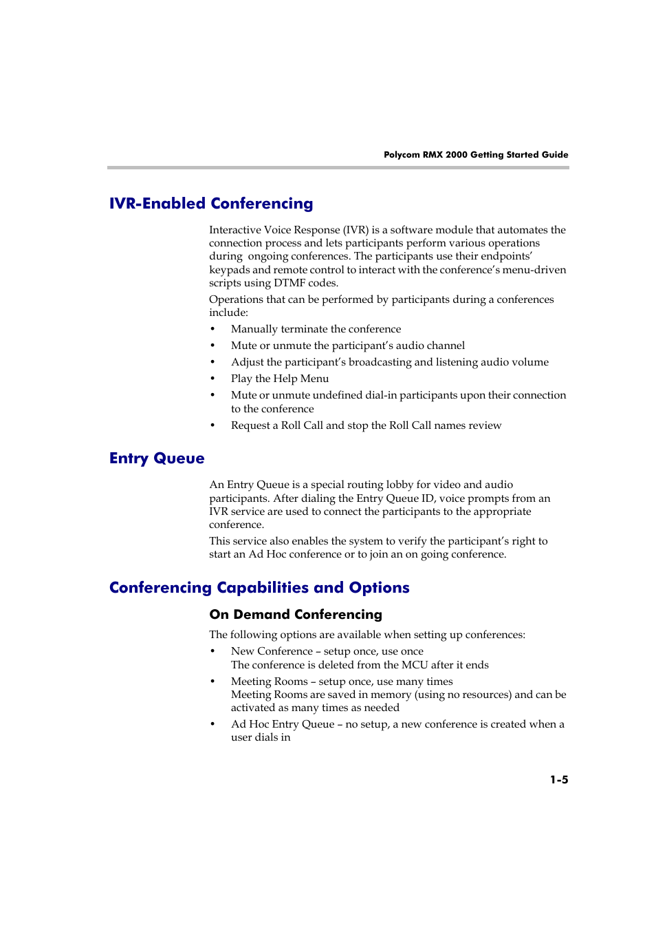 Ivr-enabled conferencing, Entry queue, Conferencing capabilities and options | On demand conferencing, On demand conferencing -5 | Polycom RMX 2000 User Manual | Page 13 / 84