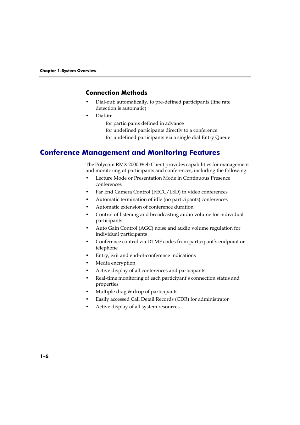 Connection methods, Conference management and monitoring features, Connection methods -6 | Conference management and monitoring features -6 | Polycom RMX 2000 User Manual | Page 14 / 84