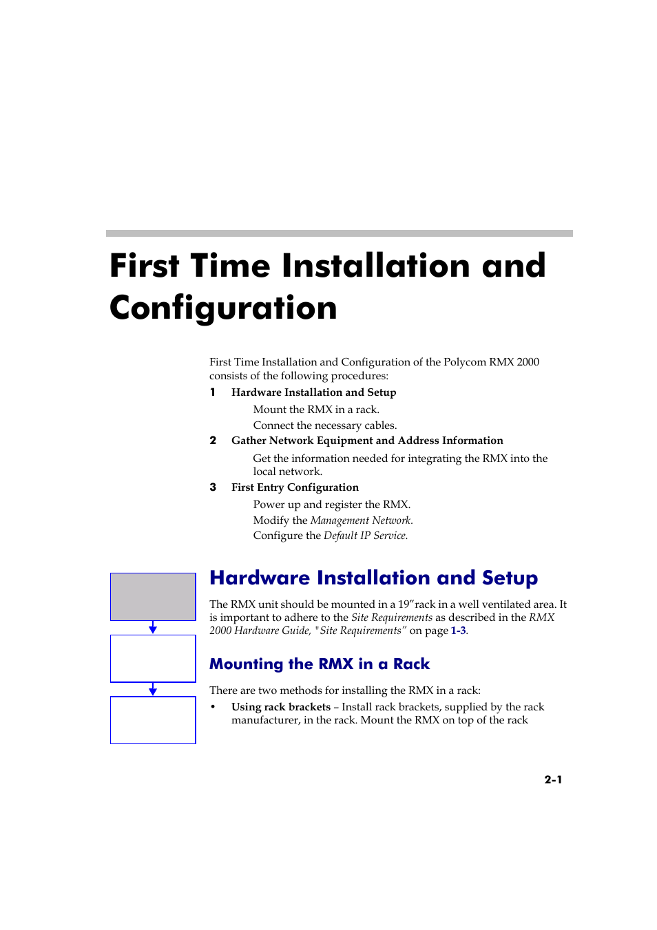 First time installation and configuration, Hardware installation and setup, Mounting the rmx in a rack | First time installation and configuration -1, Hardware installation and setup -1, Mounting the rmx in a rack -1 | Polycom RMX 2000 User Manual | Page 15 / 84