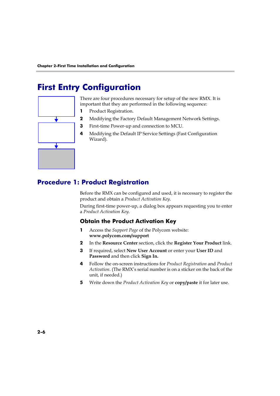 First entry configuration, Procedure 1: product registration, Obtain the product activation key | First entry configuration -6, Procedure 1: product registration -6, Obtain the product activation key -6 | Polycom RMX 2000 User Manual | Page 20 / 84