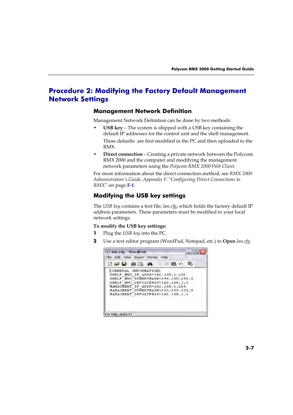 Management network definition, Modifying the usb key settings, Network settings -7 | Polycom RMX 2000 User Manual | Page 21 / 84