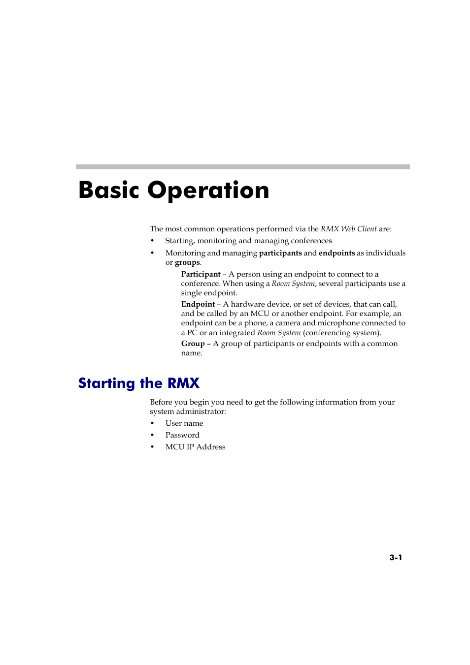 Basic operation, Starting the rmx, Basic operation -1 | Starting the rmx -1 | Polycom RMX 2000 User Manual | Page 35 / 84