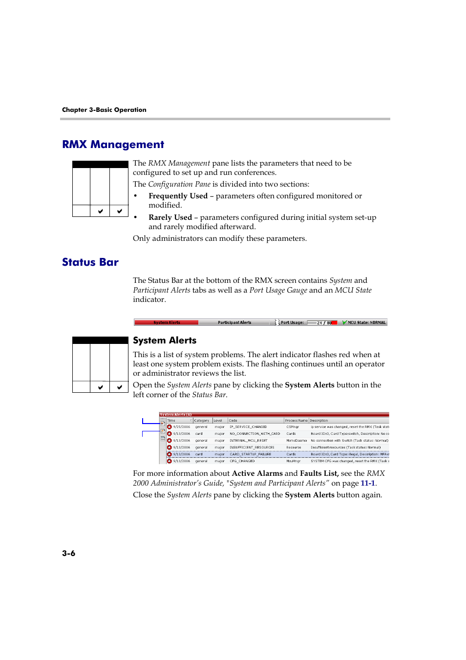 Rmx management, Status bar, System alerts | Rmx management -6 status bar -6, System alerts -6 | Polycom RMX 2000 User Manual | Page 40 / 84